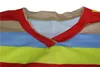 女性の縞模様のミディドレス夏服の印刷コントラストカラーVネックティートップドレス半袖ルースポケットファッションカジュアルドレス764