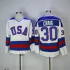 Vintage 1980 EUA Hóquei no Gelo 21 Mike Eruzione Jerseys Mens College 17 Jack Ocallahan 30 Jim Craig Costura Equipe Cor Aproximo Branco Jersey