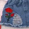 Conjunto de roupas de bebê com estampa de rosas, camiseta de manga curta de algodão com saia jeans rasgada, conjunto casual de verão 1905234703418