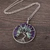 Womens Tree Natural Small Light Green and Purple Stone Pendnat Necklace with Metal Chain