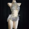 K32 Silver Sexig Female Bodysuit DJ Singer Jumpsuit Stage Wears Dresses Feather Crystal Outfit Pole Dance Costumes Party Ballroom R1649166