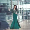 Sexy Emerald Green Mermaid Prom Kleider Lange Ärmel Illusion Spitze Applikationen Perlen Satin Abendkleid Gown Gown Gown Party Kleider