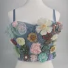 Kobiety Niebieski Denim Multicolor Floral Haft Bralette z kolorowymi trójwymiarowymi kubkami i kwiatami Aplikacje Moda Crop Top Tube Top