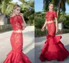 2020 Red Two Piece Lace sereia Vestidos Prom Ruffles Jewel manga curta 2 Pieces regresso a casa vestido de noite elegante formal vestidos de festa barato