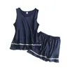 Großhandel-heiße Frauen Nachtwäsche Pyjama Sets Sleeveless Trim Satin Navy Blau Weiche Nachtwäsche Femme Sexy Sommer Home Wear Sleep Wears