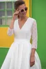 Hi New Beach Lo Puffy Tulle Wedding Dresses White V Neck Sheer 3/4 Sleeves Sweep Train for Bridal Gowns with Covered Buttons Vestidos estidos