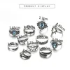 11 stks / set Vrouwen Boho Carving Bloemen Bladeren Water Drop Stars Crystals Gem Gong Ring Lady Party Silver Wedding Ring