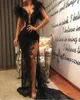 2020 Black Prom Dresses Lace High Side Split Suknie Wieczorowe Sexy V Neck Feather See Through Sweep Train Specjalnej okazji Dress