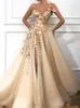 2020 une épaule tulle une ligne longue robes de bal 3D dentelle florale appliques perlées fendues longueur de plancher robes de soirée formelles BC0684