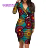女性のための秋のアフリカのドレスファッションオフィススタイルvネック長袖ミディドレスバジンリッチアフリカンプリント服wy4052