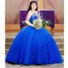 로얄 블루 Quinceanera 장식 조각이있는 아플리케 레이스 비즈 공 가운 이브닝 드레스 연인 얇은 명주 그 졸업 드레스 공식적인 Vestidos