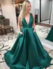 Cheap Simple Prom Dress with Pockets Plunging V Neck A Line Hunter Green Satin Women Formal Long Party Dresses 2019