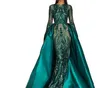 Vestidos de noite verde escuro luxo 2020 um ombro Zuhair Murad vestidos sereia vestido de baile de lantejoulas com trem destacável feito sob encomenda 583