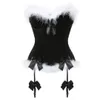 Halloween Christmas Plus Size S-6XL Miss Santa White Fur Trim Bows Red Zip-up Corset Bustier with Wide Band Satin Lace-up And 2 Garters