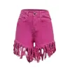 Summer Women Casual Jeans Stretch Mid Rise Frayed Raw Hem Distressed Denim Shorts Tassels Pants Skinny Fashion