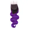 1B Viola Ombre Fasci di capelli umani malesi con chiusura Onda del corpo Ombre Fasci di tessuto viola 3 pezzi con chiusura in pizzo 4x4 4 pezzi Lo1288038