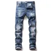 Unikalne Męskie Zgryzione Ripped Blue Skinny Men Jeans Moda Designer Slim Fit Myted Motocyk Dżinsowe Spodnie Boaned Biker Spodnie 1048