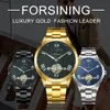 Forsining Skeleton Orologi per uomini Gold Gold Strap in acciaio inox Meccanico orologio da polso di lusso Luxury Moon Fase Tourbillon Watch Slze185