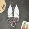 Swimwear das mulheres da cópia do leopardo Sexy profundo decote em V One Piece Swimsuit Lady Terno Lace Up Halter Maiô Natação