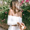 2019 mode kvinnor utanför axelskörd topp långärmad sommar vit skjorta blus slash neck lace-up backless crop top