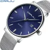 CRRJU hommes cadran bleu montres d'affaires hommes en acier inoxydable étanche mode montre à Quartz mince robe horloge mâle erkek kol saati172z