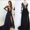 2020 Neue Junges Mädchen Schwarz Langarm Elegante Abendkleider Spitze Applique Vorder Split Sexy Party Prom Kleider Kristall vestidos de fiesta