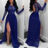 Sexy Royal Blue Appliques Evening Dresses Long Sleeves Chiffon Mermaid Prom Dress Side Split Evening Gowns Backless Sequins Jewel