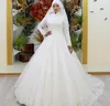 ビンテージイスラム教徒のウェディングドレス長袖レースハイカラーレースサウジアラビアブライダルガウンRuche Wedding Gown Vestidos de Novia 2019