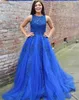 2019 Royal Blue Robes De Bal Longue Dentelle Applique Perlée Cristal Tulle Princesse Robe De Soirée Femmes Formelle Élégante Robes Robe De Fiesta