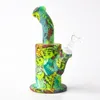 Printing 8.5inches Silicone Water Pipe Recycler Bubbler Hookahs unbreakabale bongs with downstem and glass bowl