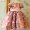 Abiti da ragazza di fiore rosa polveroso 2020 Collo gioiello Applique in pizzo Maniche corte Nastro Toddle Abito da ballo principessa per prima comunione
