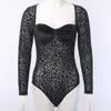 Body da donna a maniche lunghe dal taglio basso Tuta corta con stampa leopardata Body sexy con patchwork in rete Body attillato alla moda per tutti i fiammiferi