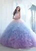 2019 Renkli Balo Quinceanera Elbiseler Katmanlı Etek Dantelli Organze Lace Up Geri Kat Uzunluk Sevgiliye Boyun Çizgisi Balo Pageant Elbise