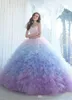 2019 متعدد الالوان الكرة ثوب quinceanera فساتين المتدرج تنورة ruched الأورجانزا الدانتيل احتياطي الطابق طول الحبيب العنق حفلة موسيقية فستان