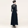 New Tea-length 3/4 Length Sleeve Dark Blue Chiffon Suits Lace A-line Mother Of The Bride Dresses Vestidos De Novia
