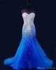 Sexy koningsblauw zeemeermin lange prom jurken optocht vrouwen sexy lieverd kralen kristal vestidos de gala tule avondjurken