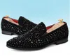 Hot Sale-Black Spikes New Mens Mocassins Chaussures Denim Et Métal Paillettes Haute Qualité Casual Hommes Chaussures