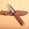 Outdoor Survival Straight Hunting Knife High Carbon Steel Satin Blade Full Tang Leather Handle &Leather Sheath