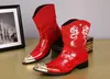 Zachodni kowbojscy Mężczyźni Buty Czerwone Buty Motocyklowe Mężczyzna Medium Długie Buty Piade Toe Red Leather Botas Hombre, Duże rozmiary US6-12, EU38-46