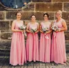 Chiffon Coral Pink Bridesmaid Dresses V Neck Sexy Backless A Lilne Lace Applique Floor Length Maid of Honor Gown Custom Made Plus Size pplique