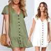 Casual Jurken Dames Vintage Ruffle Button A-lijn Mini Dress Sexy V-hals Effen Losse Korte Mode Zomer Elegant Partij