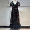 Women Sequin Strawberry Maxi Dress Summer Embroidery Mesh Lace Up High Waist Long Dress