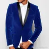 Nyanlända Två knappar Blå Velvet Groom Tuxedos Sjal Lapel Groomsmen Bästa Man Blazer Mens Bröllopsdräkter (Jacka + Byxor + Tie) D: 76