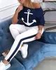 Women 'S Printing Dyeing Loose Lady Anchor Short -Sleeved Round Neck T -Shirt Stripe Pants Workout Sports Tracksuit Casual Set Size S-XL