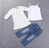 Bütün Moda Yaz Yeni Varış Sevimli Kızlar Giyim Seti Beyaz Dantel Gömülü 3pcsset Çocuk Tasarım Kıyafetleri By144200201