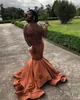 Dust Orange Beaded Mermaid Prom Dresses Halter Keyhole Neck Sequined Evening Gowns Plus Size Sweep Train Sequined Formal Dress