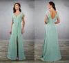 2020 Sage Thigh High Split V-neck Bridesmaid Dresses Prom Evening Gowns Sage Color Draped Sleeves Backless Formal Dress Girls maid of honor