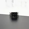 925 Sterling Silver Vintage Mäns Ringar Justerbar Square Shaped Black Stone Flower Pattern Design Male Turkiet Smycken