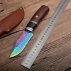 1 stks Nieuwe Damascus Jachtmes Damascus Staal Kleurrijke Titanium Coated Blade Wood Handle Outdoor Survival Rechte Messen