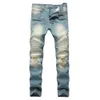 Men's ripped wrinkled jeans designer long slim pants with holes high quality new brand trousers free shipping